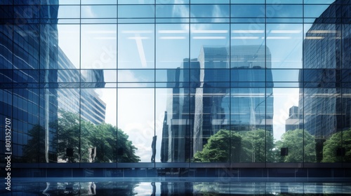 image of a modern eco-friendly building reflected in the sleek glass facade of a neighboring skyscraper.