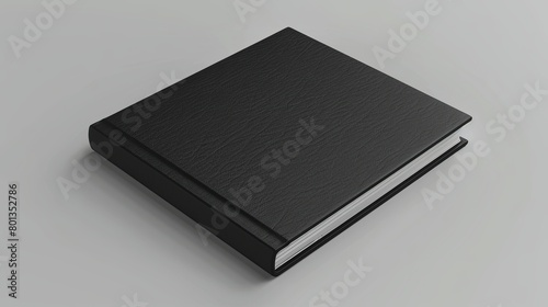 A photorealistic mockup of a black leather notebook, showcased against a light grey background. 3D illustration © Khalida