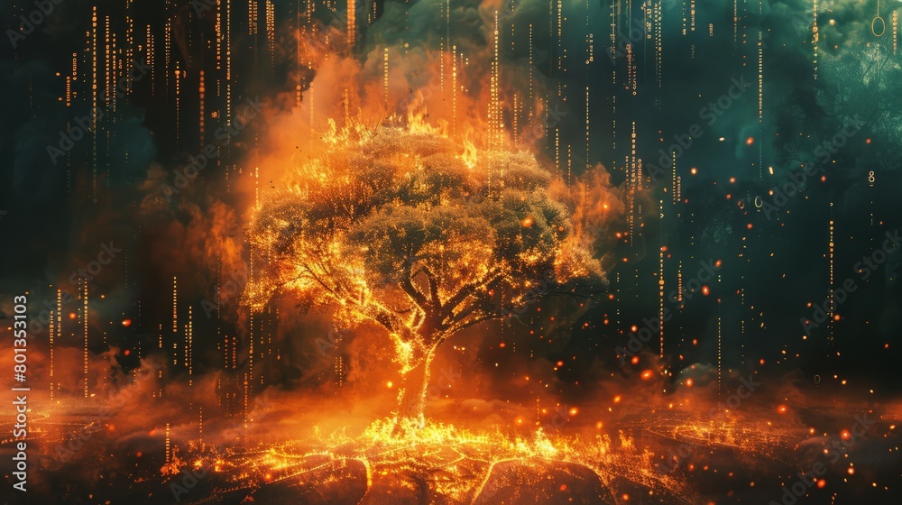 Enchanted tree ablaze amidst a digital rain, a blend of nature and technology. Conceptual art piece