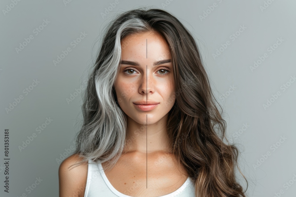Aging split representation in visual aging supported by proactive and cognitive skincare strategies, enhancing evenness and hair color treatments. Aging split representation in visual aging supported by proactive and cognitive skincare strategies, enhancing evenness and hair color treatments.