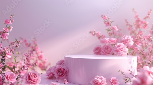 Pink roses and cherry blossoms with a pink background and a pink podium.