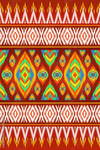 Ethnicity, silk patterns, Mudmee, geometric shapes Of beautiful ethnic groups in red tones, seamless pattern in Ikat tribe for bedding, pillows, rugs, fabric, printing, illustrations.