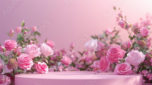 Pink roses in full bloom on a pink background with a pink podium in front photo