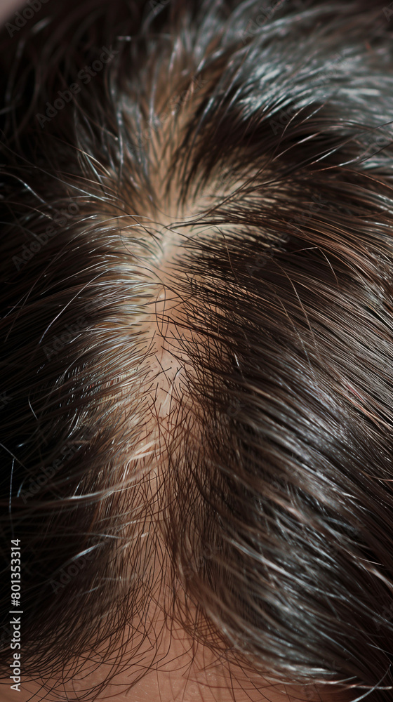 Close-up photograph of a greasy scalp, focusing on the oily hair roots, providing a detailed view of the scalp condition typically associated with excess sebum production.
Close-up photograph of a greasy scalp, focusing on the oily hair roots, providing a detailed view of the scalp condition typically associated with excess sebum production.