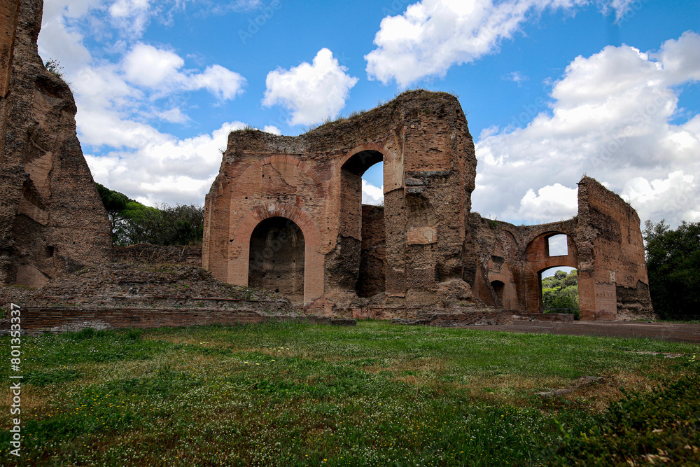 Walls of the Baths of Caracalla in Rome, meadow and cloudy sky.