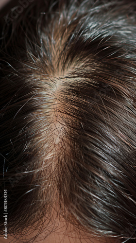 Close-up photograph of a greasy scalp, focusing on the oily hair roots, providing a detailed view of the scalp condition typically associated with excess sebum production.
