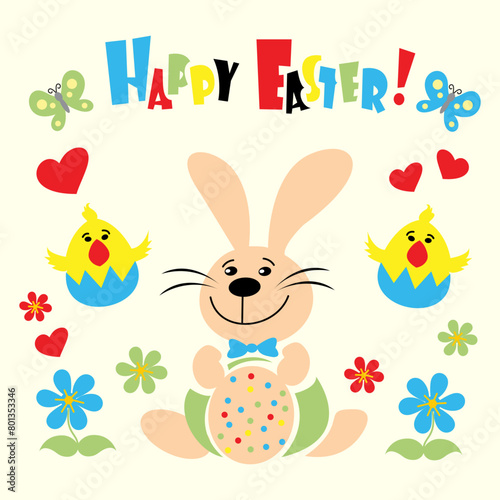 A poster for a happy easter with a bunny and a chicken.