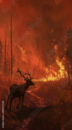 Stag by a fiery river in a smoky forest  a silent witness to wildfire s impact. Poignant natural scene