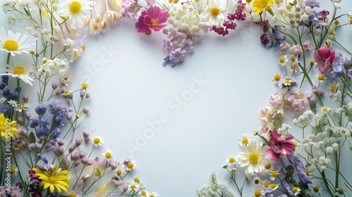 A beautiful floral arrangement forming a heart shape with a clear blue background and copy space.