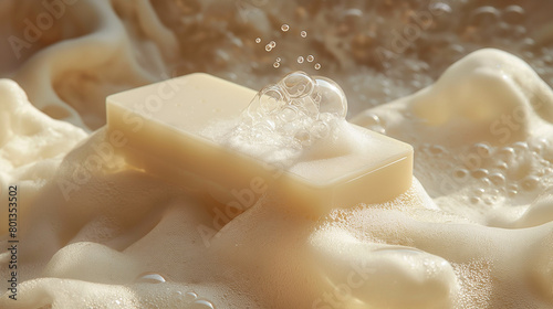 An artisanal soap bar amidst abundant lather, bringing to mind thoughts of cleanliness and natural skincare, suitable for wellness blogs, hygiene product marketing or as a spa related element. 