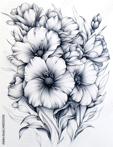 A black and white drawing of a flower bouquet