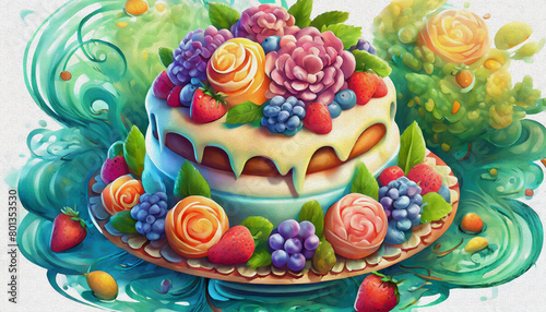 oil painting style CARTOON CHARACTER CUTE A wedding cake covered in whipped cream and decorated with flowers., © stefanelo