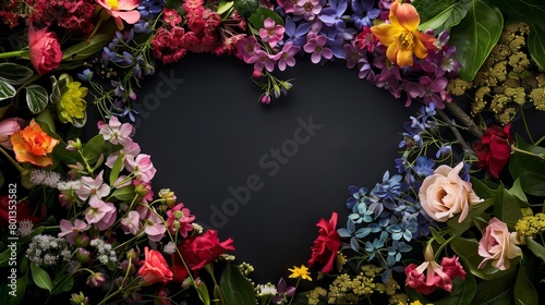 Vibrant floral arrangement bordering a dark circular space  ideal for copy space or logo placement.