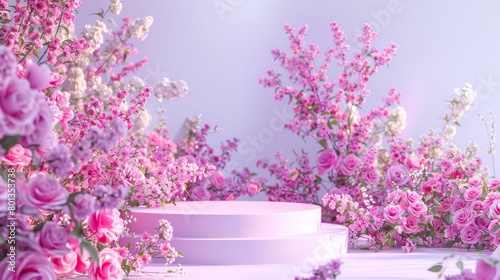 Pink flowers and podiums against a pastel pink background. photo