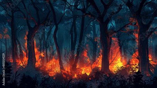 Wild forest in flames under night sky. Devastating fire concept