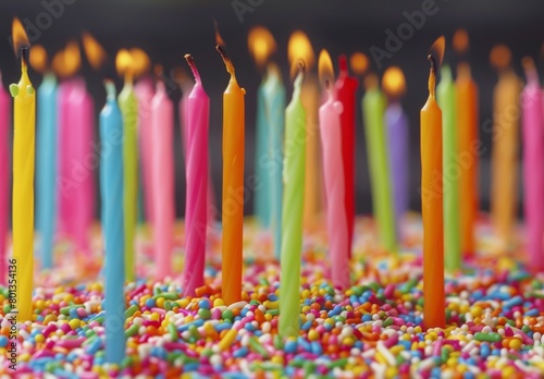 Birthday cake adorned with colorful sprinkles and twenty-one candles; celebrating joyfully.  photo