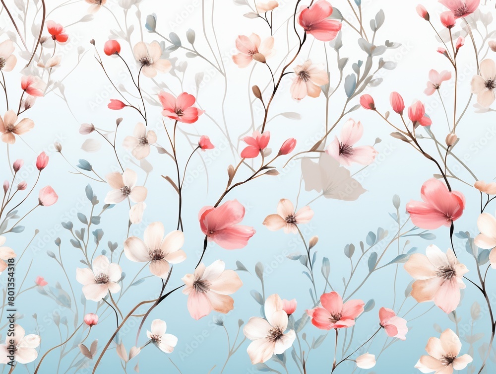 Flat graphic illustration of delicate hanging blooms in soft pastels for serene fabric prints and paper art ,  seamless pattern