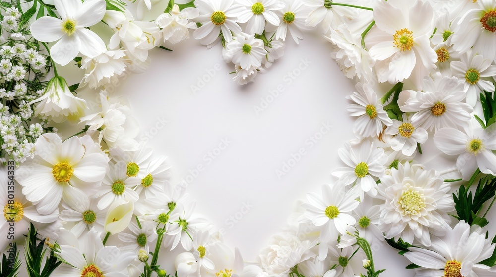 A vibrant floral border with white daisies and other blossoms forming a heart shape on a plain background. A vibrant floral border with white daisies and other blossoms forming a heart shape on a plain background.