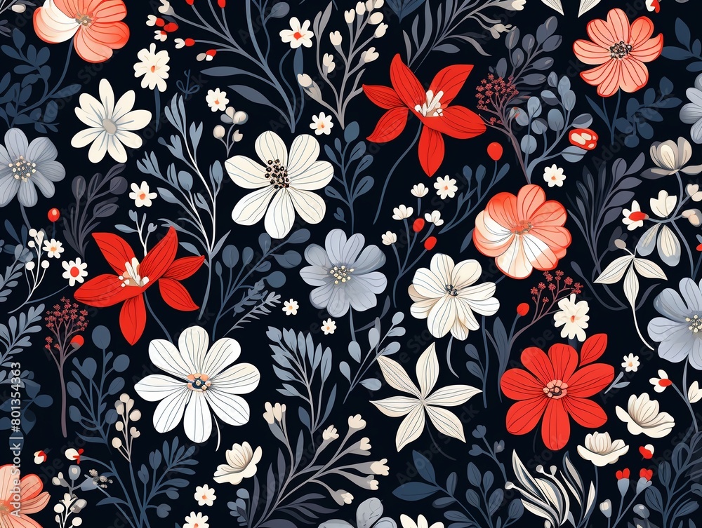 Flat vector pattern of whimsical floral clusters with traditional motifs for a classic touch on modern apparel and accessories ,  high resolution
