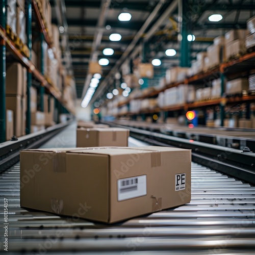 Cardboard Boxes on Conveyor Belt in Distribution Warehouse Showcasing Modern E commerce Logistics