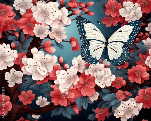 Ornate vector pattern with Japanese blossoms and lepidoptera, perfect for traditional kimonos and cultural event decor ,  vector and illustration photo