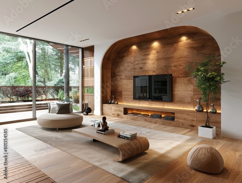 Minimalist modern living room with abstract wood paneling arched wall.