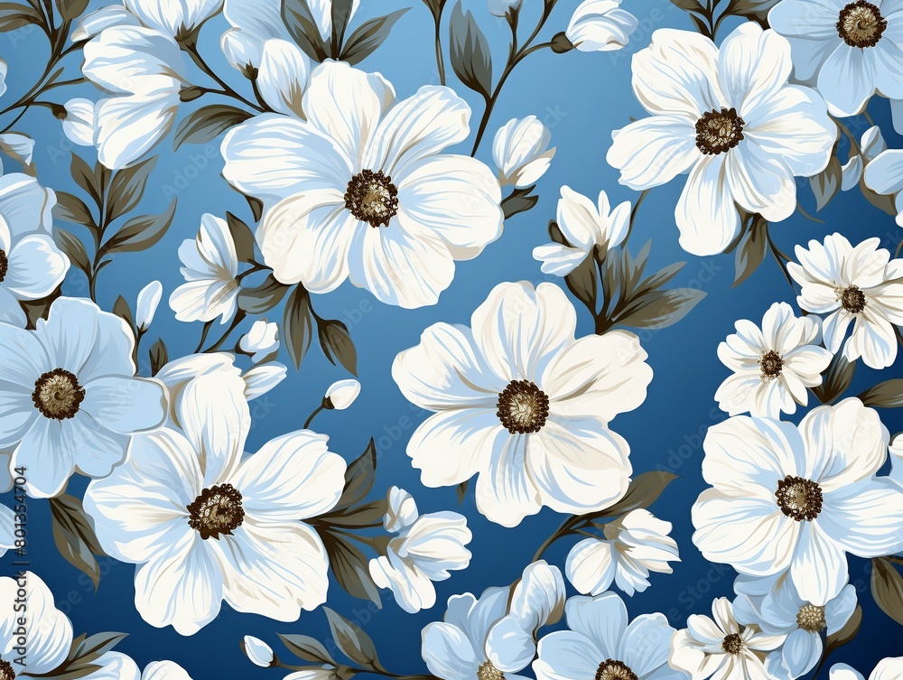 Seamless repeat of blooming white and blue flowers, ideal for crisp and refreshing bed linen designs , vector and illustration Seamless repeat of blooming white and blue flowers, ideal for crisp and refreshing bed linen designs , vector and illustration