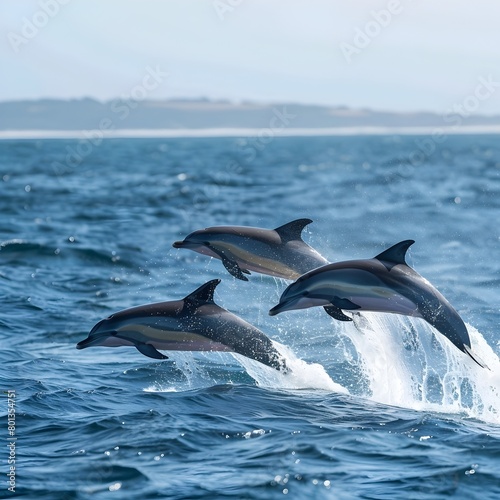 Playful Dolphins Leaping Out of the Vibrant Ocean © tantawat