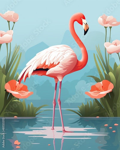 Flat design illustration of a flamingo in a lily pond  perfect for highresolution botanical greeting cards and wrapping paper    repeating pattern