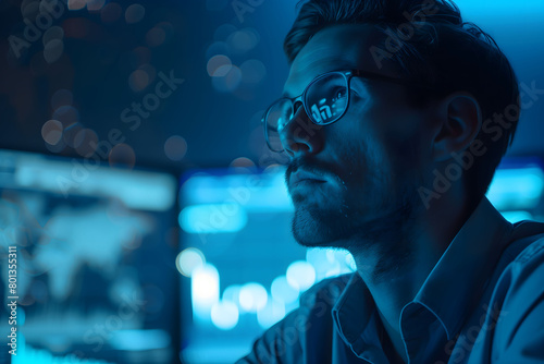 Close up of a businessman analyzing charts on a computer late in the office