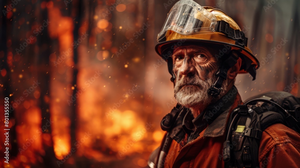 Firefighter with a contemplative expression amidst flames. Bravery and reflection Firefighter with a contemplative expression amidst flames. Bravery and reflection