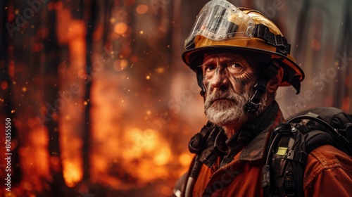 Firefighter with a contemplative expression amidst flames. Bravery and reflection © olga_demina