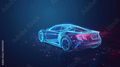 Abstract vector illustration of a modern car in a digital futuristic polygonal style, isolated on a dark blue background.