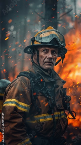 Firefighter looking resolute against a backdrop of fire. Determination and duty