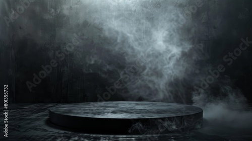 Black concrete pedestal against a dark background with a spotlight and smoke photo