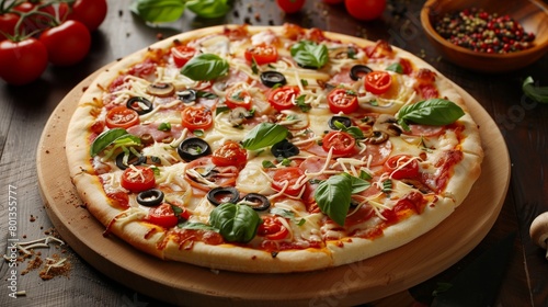Delicious fresh pizza topped with tomatoes, olives, cheese, and basil on a wooden table.