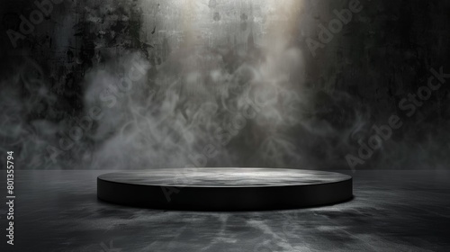Black concrete pedestal on a dark background with a spotlight and smoke photo