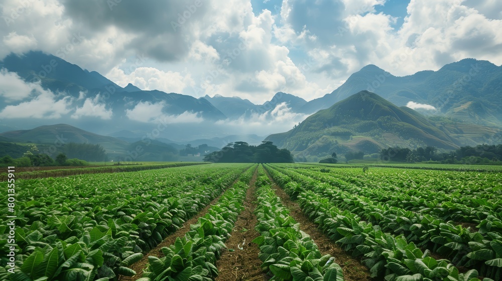 A lush tobacco farm nestled in a valley with large mountains shrouded in clouds in the background. A lush tobacco farm nestled in a valley with large mountains shrouded in clouds in the background.