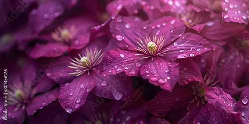 Deep Purple Clematis Natural Background with Dew Drops Place for Text Defocused Background