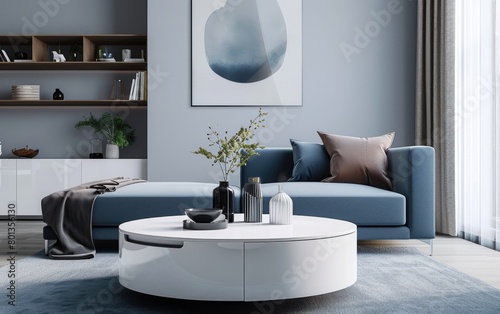 Stylish interior design with a comfortable blue sofa and modern white round coffee table with shelf and abstract poster picture on light blue wall. Mockup living room Scandinavian interior design