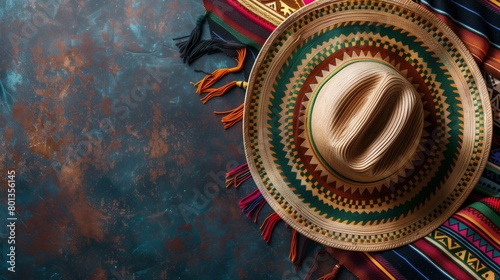 Vibrant sombrero on a colorful Mexican serape blanket with a rustic turquoise background.