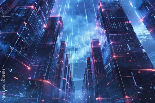 A futuristic cityscape with buildings resembling giant servers, connected by beams of light forming a blockchain network.  photo