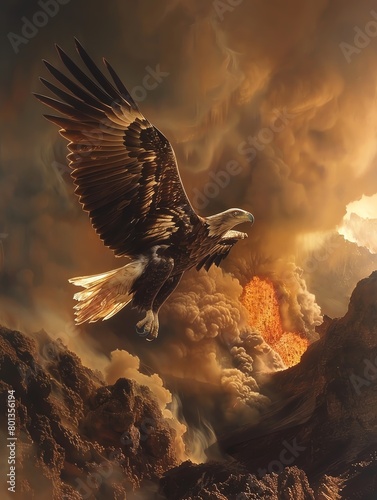 An eagle flies over a volcanic landscape. The sky is orange and the ground is covered in lava. photo