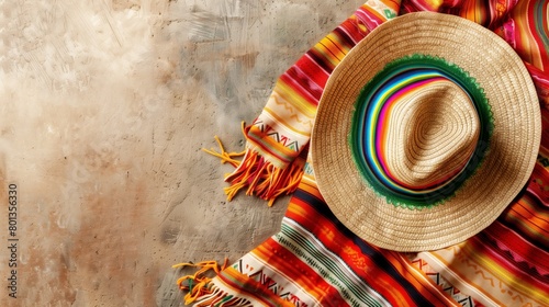 Colorful Mexican sombrero on a vibrant serape blanket against a textured backdrop.