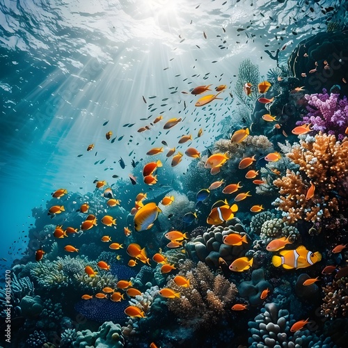 Vibrant Underwater Coral Reef Teeming with Colorful Marine Life © tantawat