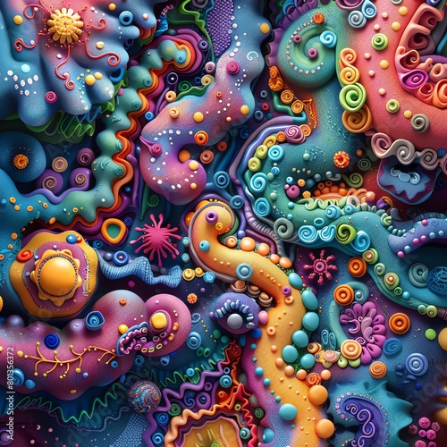 A 3D rendering of a colorful abstract sculpture made of clay.