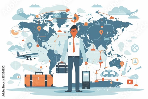 A flat design cartoon portrays a business traveler efficiently managing tasks in various global locations