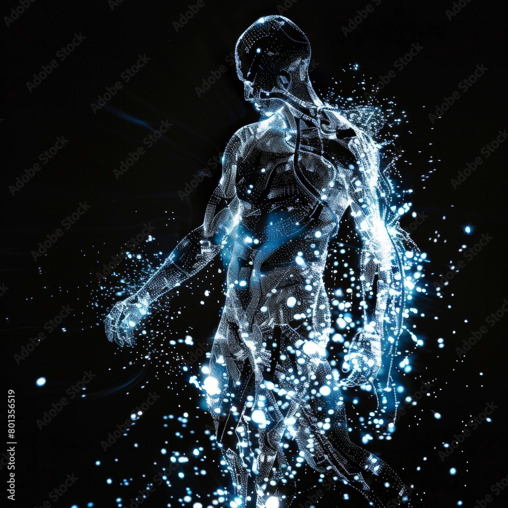 A holographic projection of a human figure in constant flux, their form composed of shimmering data particles. A holographic projection of a human figure in constant flux, their form composed of shimmering data particles.
