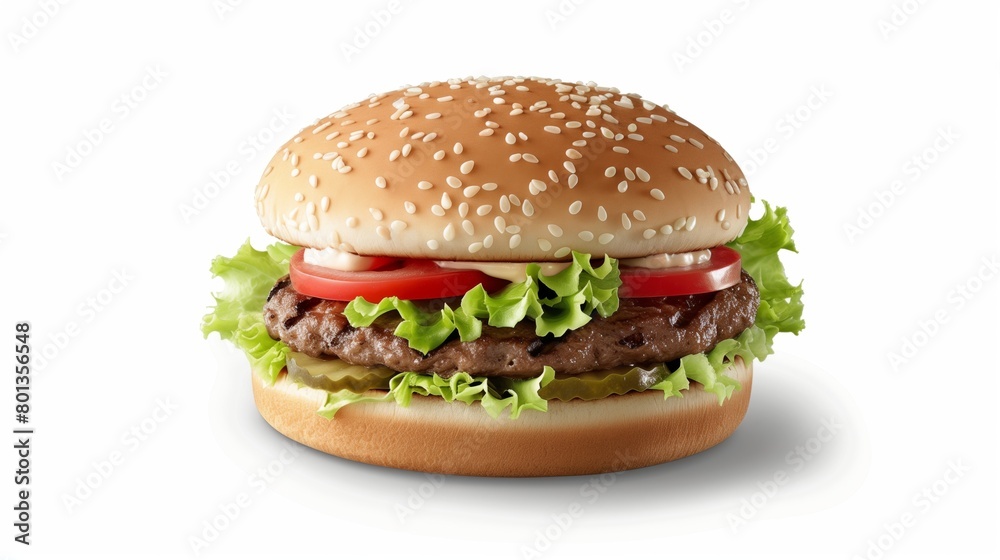 Delicious hamburger featuring a juicy beef patty, crisp lettuce, ripe tomatoes, and sesame bun on white background Delicious hamburger featuring a juicy beef patty, crisp lettuce, ripe tomatoes, and sesame bun on white background