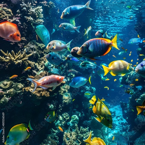 Vibrant School of Colorful Fish Swimming Through Lively Coral Reef